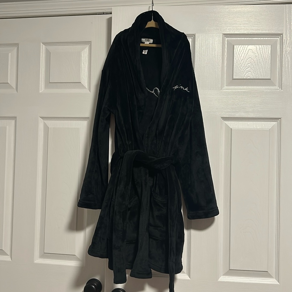 PINK Victoria's Secret Black Plush Robe Jacket with Shawl Collar